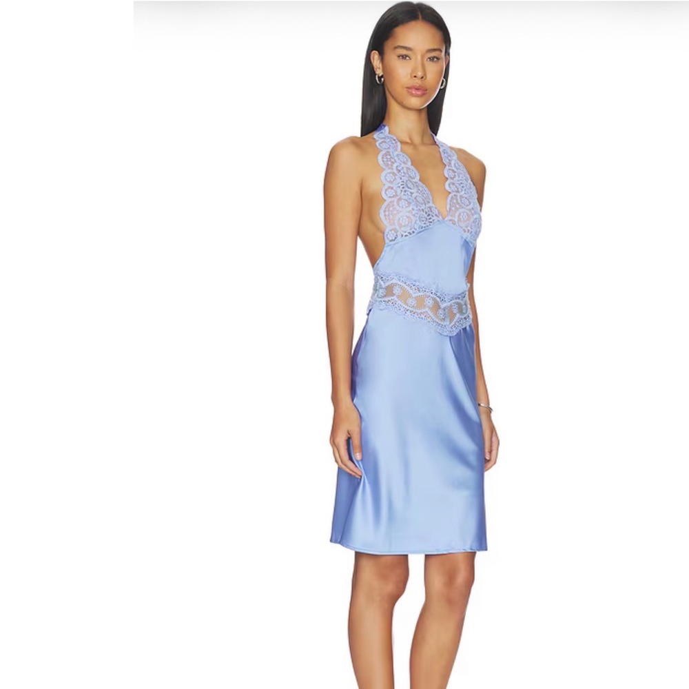 Blue Satin Midi Dress Small Lace Coquette Wedding Guest Cocktail Party Fairy NEW